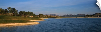 Lake with mountains in the background, Fountain Hills, Maricopa County, Arizona,