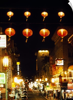 Lanterns hanging across a street, Grant Street, Chinatown, San Francisco, California
