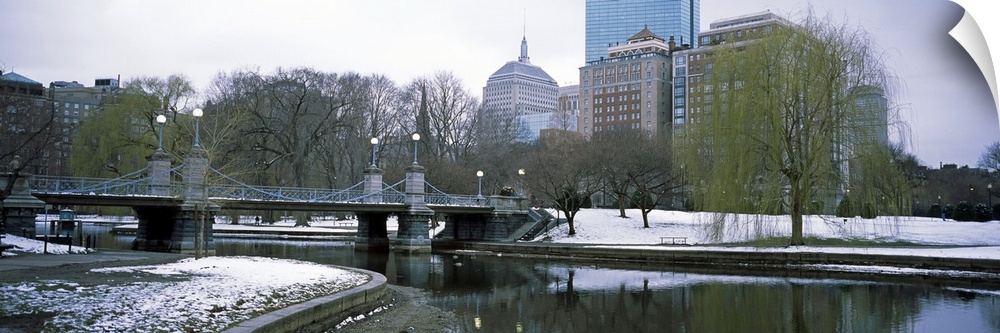 Panoramic photo print of a snowy portion of Boston near a waterfront.