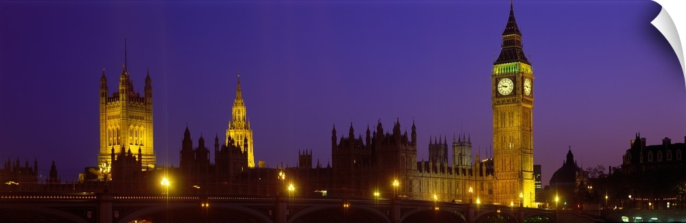 London Skyline at night, Thames river in foreground also pictured Big Ben, Halls of Parliament, Westminster Palace and the...
