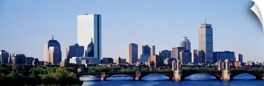 Giant, landscape photograph of Longfellow Bridge in front of the Boston skyline in Massachusetts.