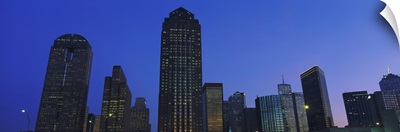 Low angle view of buildings at dusk, Dallas, Texas