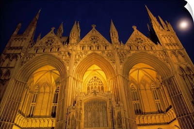 Low-angle view of Peterborough Cathedral illuminated at night, Peterborough, England.