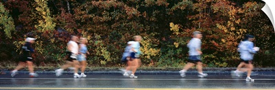 Maine, Mount Desert Island, Acadia National Park, Group of people running marathon