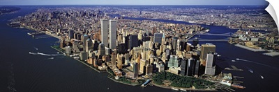 Manhattan from air with World Trade Center towers, New York City, New York State,