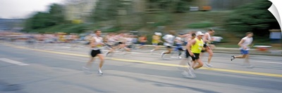 Marathon runners on a road, Boston Marathon, Washington Street, Wellesley, Norfolk County, Massachusetts