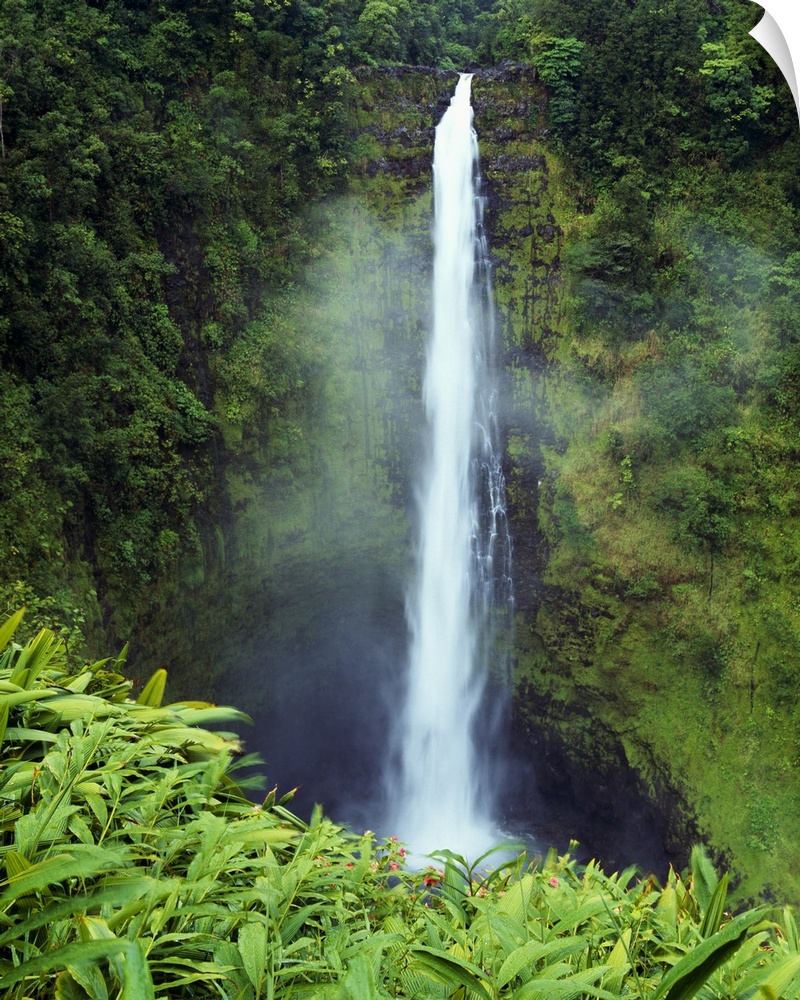 Big canvas photo art of a narrow waterfall cascading down a cliff in Hawaii.