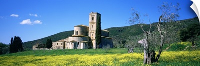 Monastery in a field, San Antimo Monastery, Tuscany, Italy