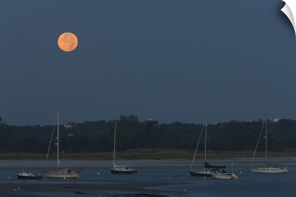 Moonset over a river, Annisquam River, Annisquam, Gloucester, Cape Ann, Massachusetts, USA