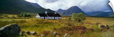 Mountain landscape with Blackrock Cottage, autumn color, Glen Coe region, Scotland