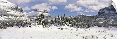 Mountains with trees in winter, Logan Pass, US Glacier National Park, Montana
