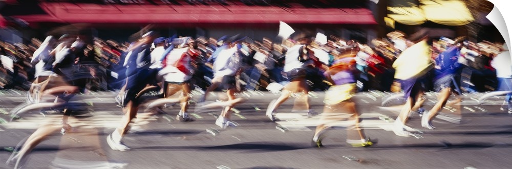 This panoramic shot is taken of runners in motion during a marathon so everyone appears blurry.