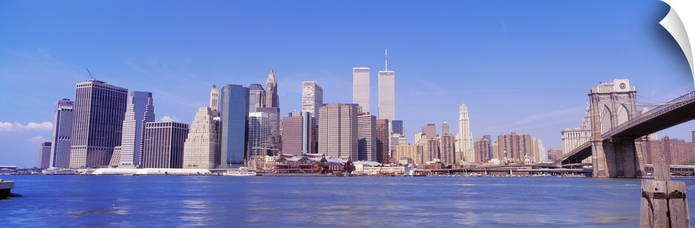 Long panoramic photo of the NYC cityscape with the Twin Towers.