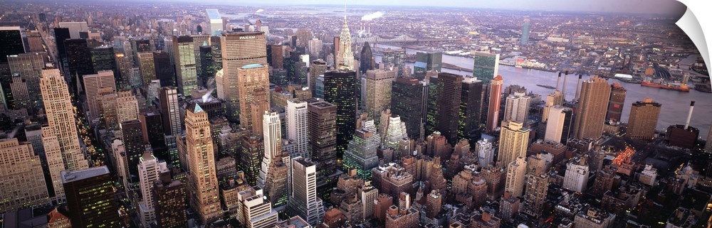 Wide angle, aerial photograph of  the New York City skyline.