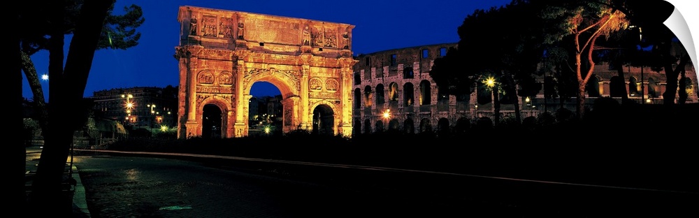 Panorama of the Roman Colosseum and Constantine's Arch in Rome, Italy.
