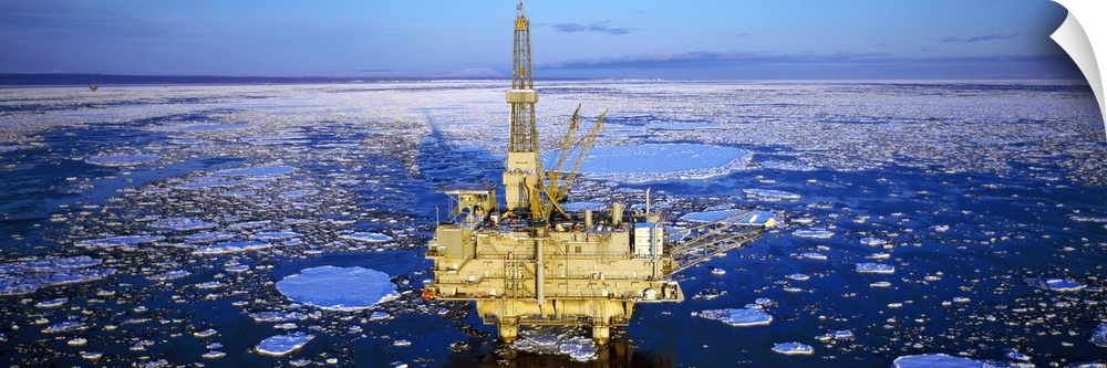 Oil production platform in icy water, Cook Inlet, Trading Bay, Alaska