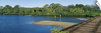 Old railroad trestle across a shallow bay at low tide showing oyster beds, Nokomis, Sarasota County, Florida,