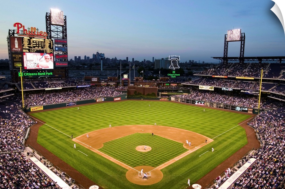 Panoramic view of 29,183 baseball fans at Citizens Bank Park, Philadelphia, PA, who are watching Philadelphia Phillies bea...