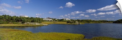 Panoramic view of water and grass field, Ocean Drive, Newport, Rhode Island