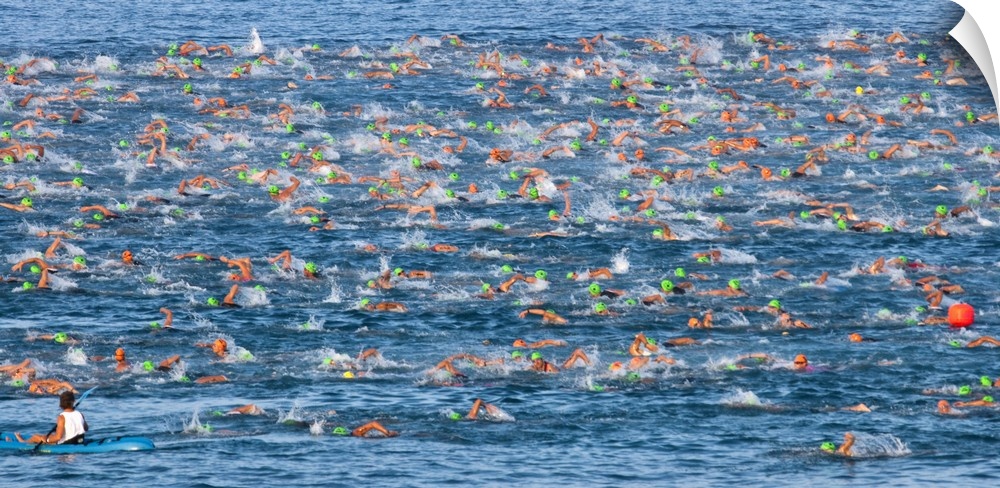 Horizontal photo on canvas of triathletes swimming in the ocean during the Ironman Kona race.