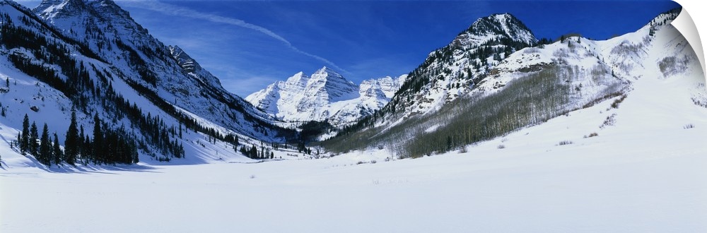 Panoramic photograph of snow covered mountains and trees under a cloudy sky.