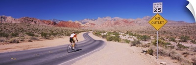 Rear view of a person cycling on the road, Red Rock Canyon National Conservation Area, Clark County, Nevada