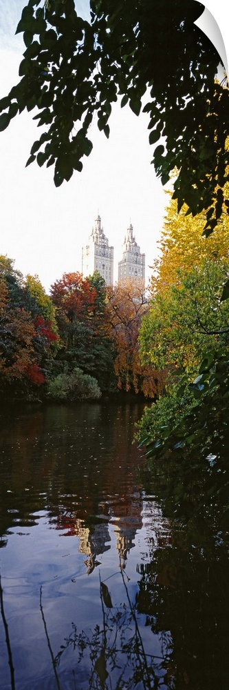 Thick foliage lining a body of water is photographed with a view of a tall building in NYC in the background.