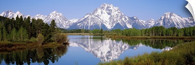 Reflection of mountains and trees in a river, Oxbow Bend, Snake River, Grand Teton National Park, Wyoming,