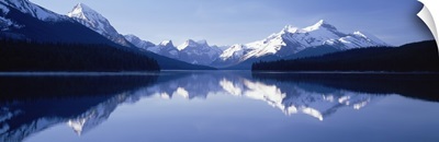 Reflection of mountains in a lake, Maligne Lake, Jasper National Park, Alberta, Canada