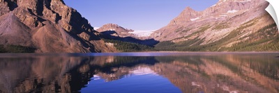 Reflection of mountains in water, Bow Lake, Banff National Park, Alberta, Canada