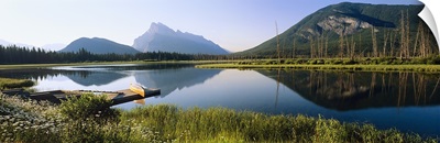 Reflection of mountains in water, Vermillion Lakes, Banff National Park, Alberta, Canada