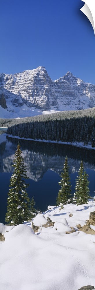 Reflection of snowcapped mountains in water, Moriane Lake, Valley Of The Ten Peaks, Canadian Rockies, Banff National Park,...