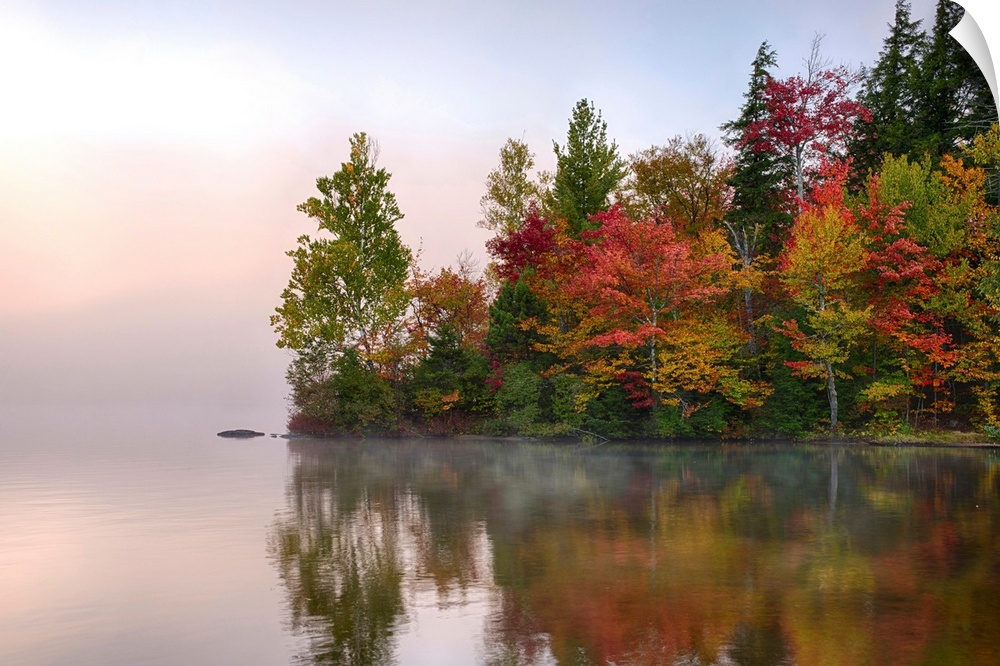 Reflection of trees on water, Seventh Lake, Adirondack Mountains State Park, New York State, USA