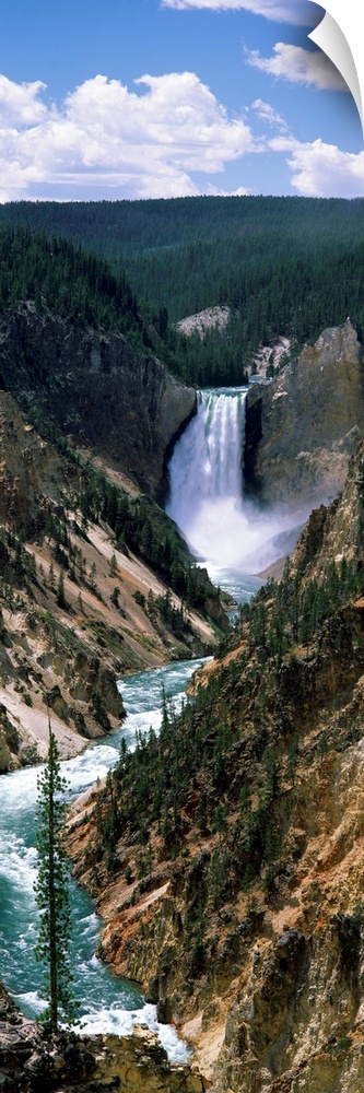 Vertical panoramic of a large waterfall at Yellowstone National Park in Wyoming.