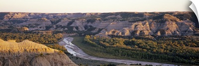 River passing through a landscape, Little Missouri River, Badlands, Theodore Roosevelt National Park, North Dakota