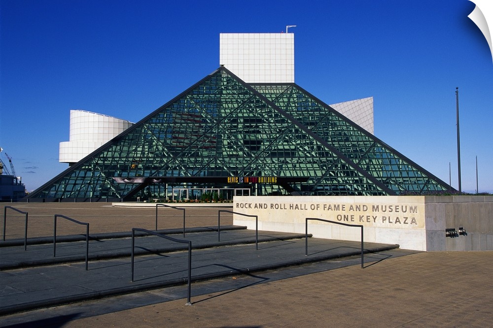 Large wall art of the Rock and Roll Hall of Fame building.