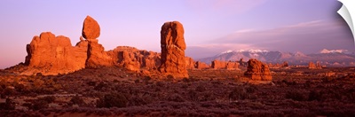Rock formations on a landscape, Balanced Rock, Arches National Park, Utah