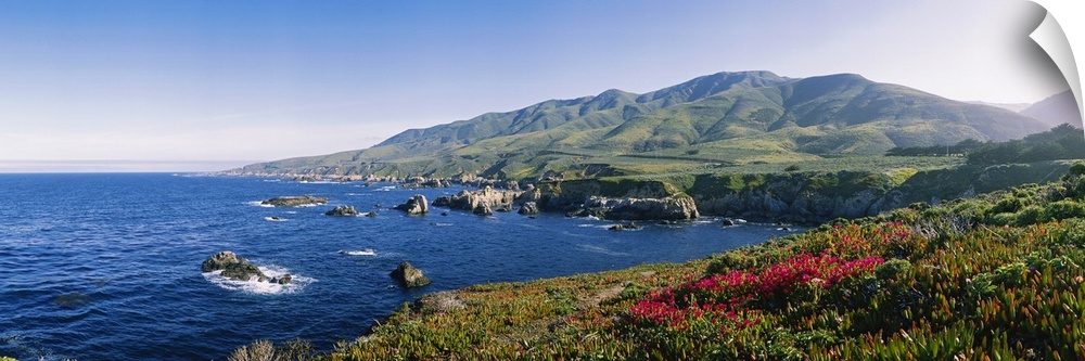 Horizontal, oversized photograph of blue waters with protruding rocks, mountains in the distance, in Carmel, California.