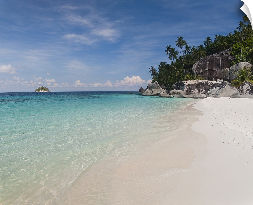 Square photograph on a big canvas looking down the shoreline of clear blue water and white sands on Pulau Dayang Beach,  a...