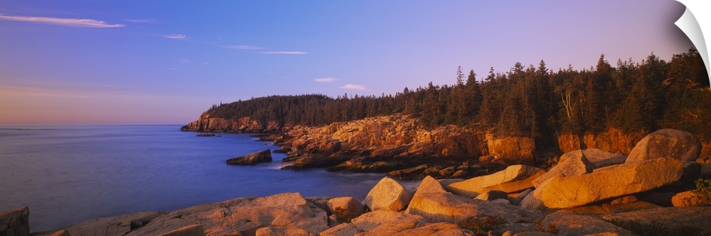 Wide angle photograph of the rocky shoreline, surrounded by trees at sunset, in Acadia National Park, Maine.