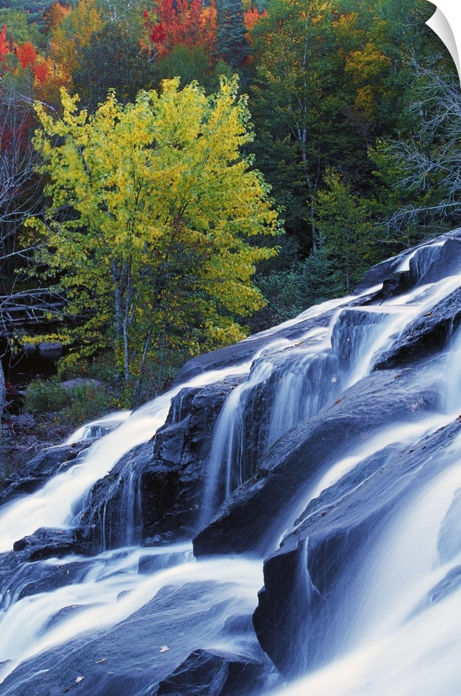 Tall photo on canvas of water rushing down a large waterfall with fall foliage in the background.