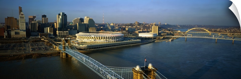 A panoramic view of downtown Cincinnati, the Ohio River and the Roebling Suspension Bridge.