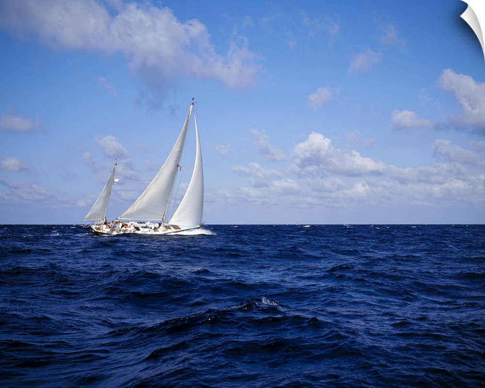 A single sail boat is photographed on rough ocean water with a cloudy sky above.