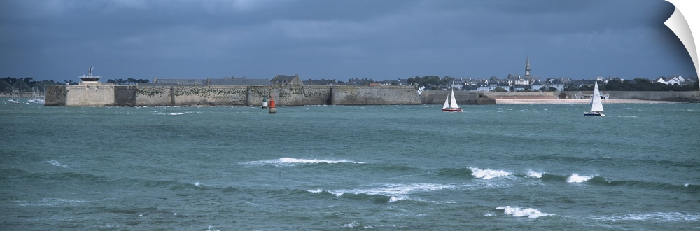 Sailboats in front of citadel, Vauban Citadel, Port-Louis, Morbihan, Brittany, France