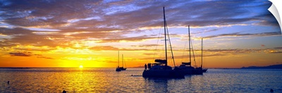 Sailboats in the ocean at sunset, Tahiti, Society Islands, French Polynesia
