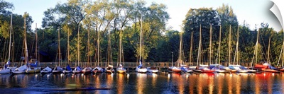Sailboats moored at a dock, Langholmens Canal, Stockholm, Sweden
