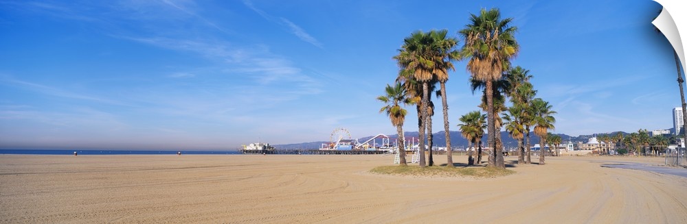 Wide angle photograph taken on a sunny day of Santa Monica beach with a patch of palm trees toward the back near a foot pa...