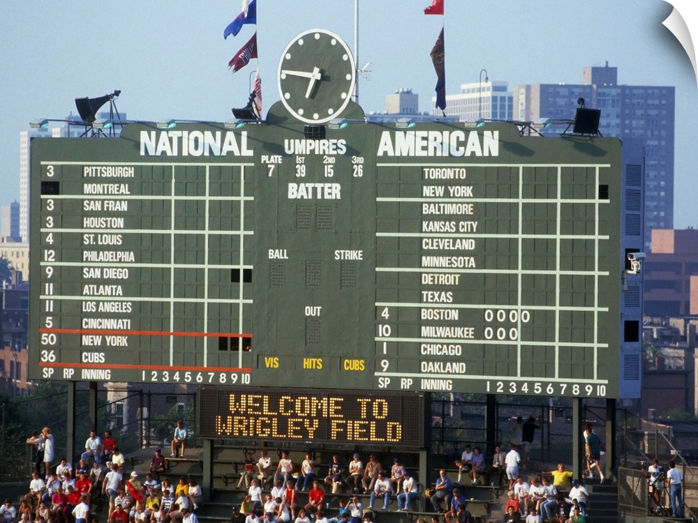 Scoreboard in a baseball stadium, Wrigley Field, Chicago, Cook County, Illinois, USA