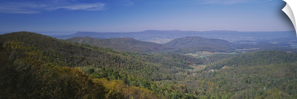 Panoramic view of the sprawling forest over the hilly landscape of Virginia on a clear, sunny day.