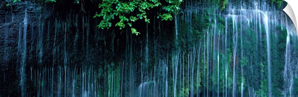 Panoramic photo of little waterfalls trickling down a cliff in Japan.
